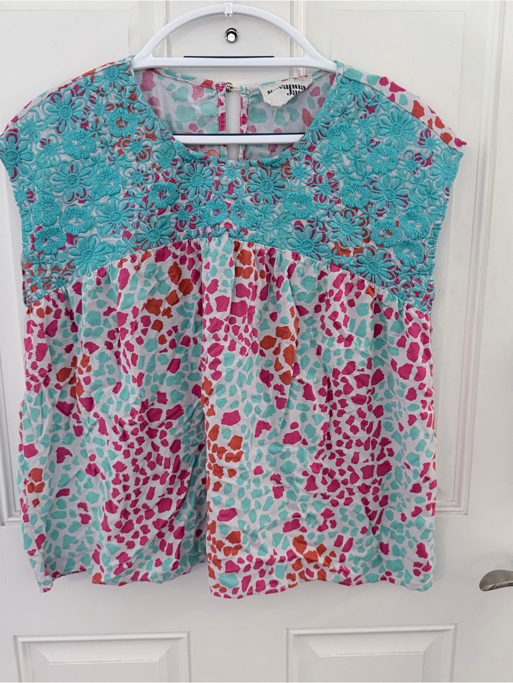 Savanna Jane Blouse L | Teal Embroidered Crinkle Top